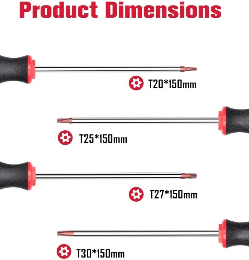 ROTATION 4PCS Magnetic Tip Torx Screwdriver Set, 4 Torx Star Screwdrivers, T20, T25, T27, T30, Red Tip | Red, Gloss, S2 Steel - Image 2